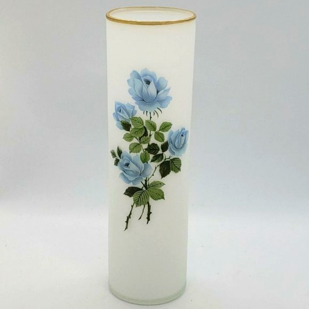 Enesco Vintage Satin White Frosted Blue Rose Flowers Gold Trim Art Glass Vase
